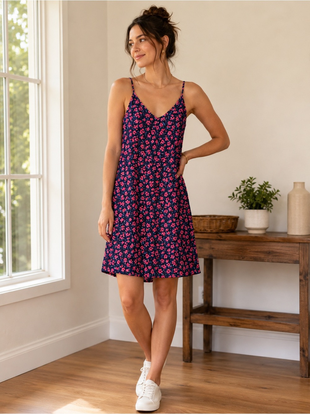 GAP Navy Slip Dress with Pink Floral Print